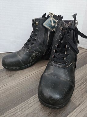 Men's Osstone Moto Distressed Black Lace-Up Ankle Boots with Side Zip Sz 8